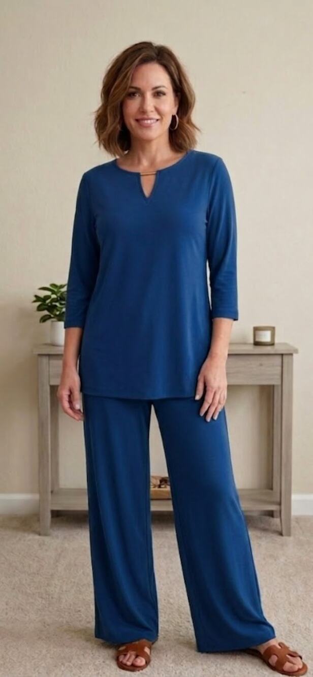 New IMAN 2 Piece Stretch Blue Pantsuit Size L Long